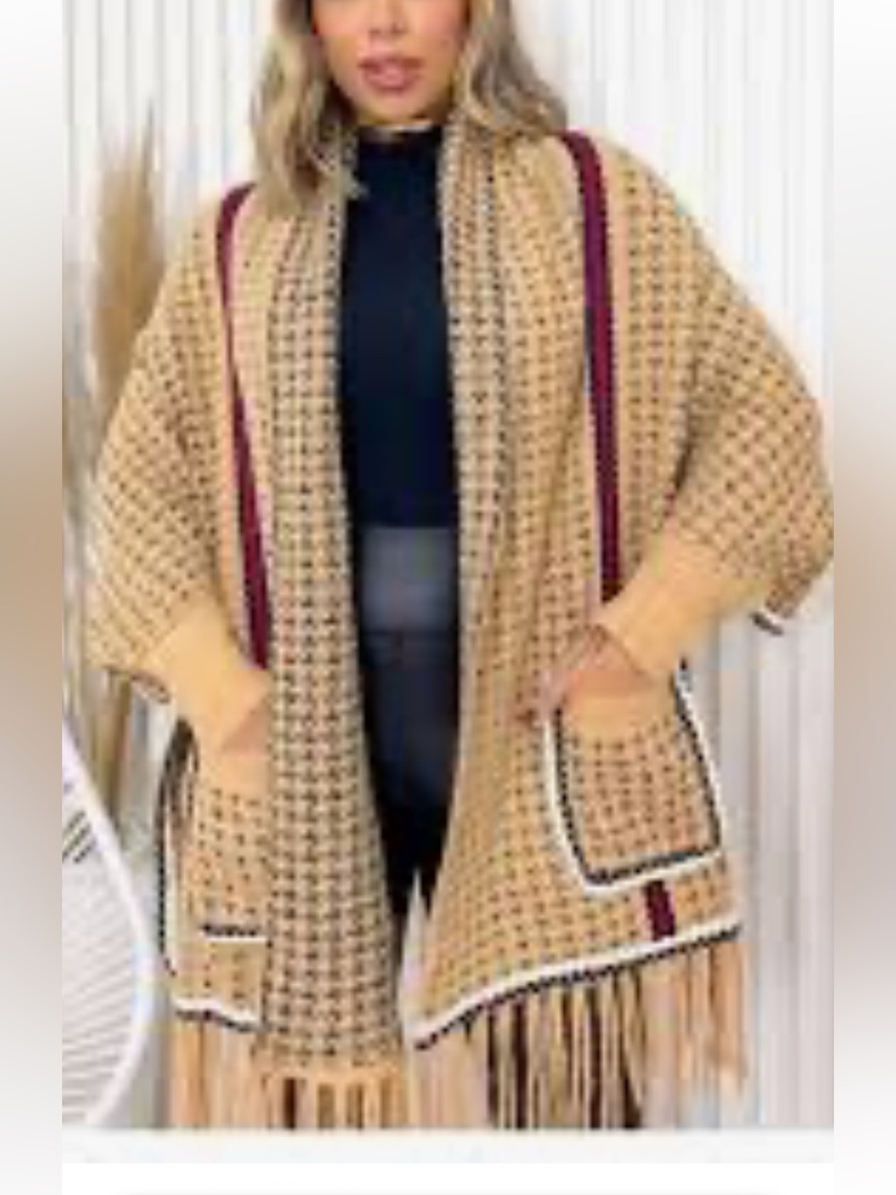 Fringed Open-Front Knit poncho/s Shrug - scarf with pockets